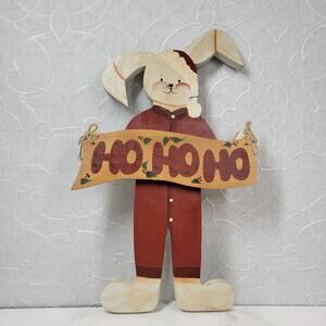 VINTAGE Bunny Santa Claus Ornament 15" HO HO HO Handmade Folk‎ Art Christmas